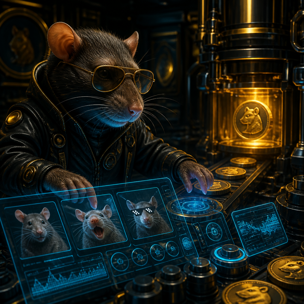 The Meme Engine — a rat engineer at the holographic forge, building the next wave of $RATE memes for the family