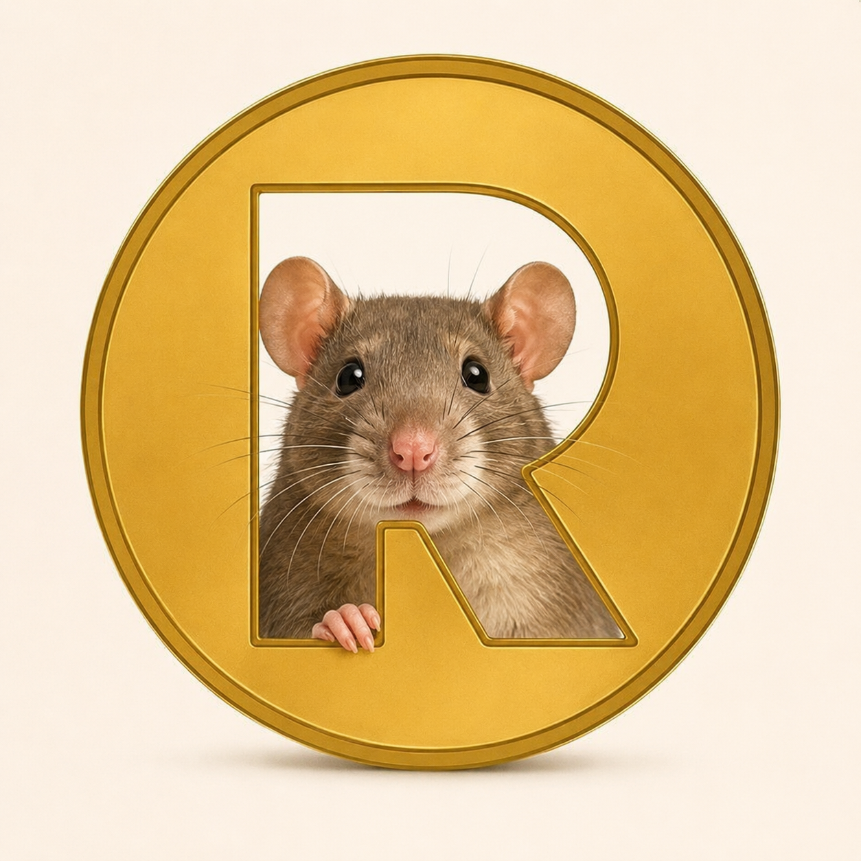 The $RATE gold coin — a rat framed inside the letter R, the family seal